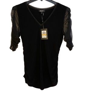 DKNY Black V Neck Top with Sheer Sleeves